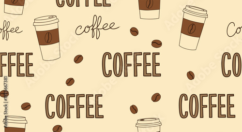 Warm seamless coffee pattern with brown paper cups, dark roasted coffee beans, and stylized text scattered across a soft beige background area.