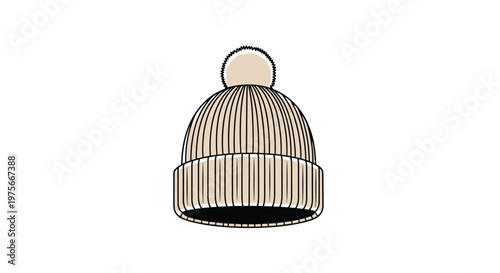 Simple cartoon illustration of a beige knitted beanie with a pom-pom on top isolated on a white background for winter apparel concepts.