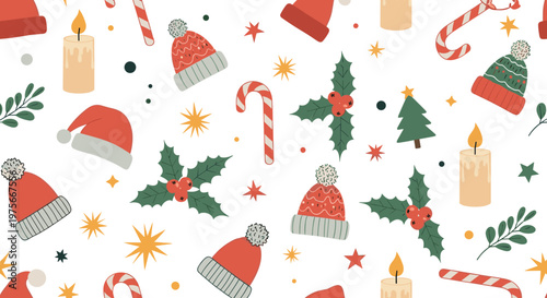 Festive seamless pattern with various Christmas elements including santa hats, winter beanies, holly, candy canes, and lit candles on white.