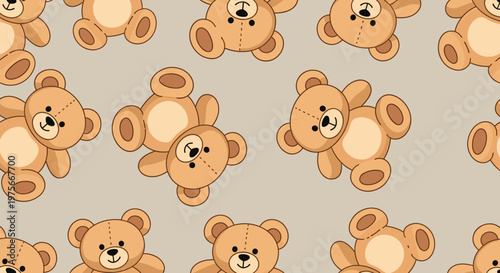 Adorable seamless pattern with light brown teddy bears scattered on a neutral beige background for nursery and children room decor.