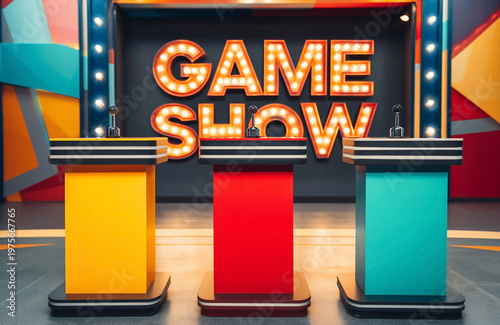 Bright studio stage for television game show with three colorful contestant podiums and large glowing light sign