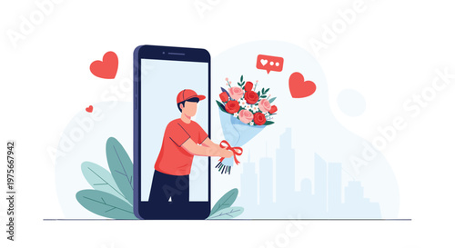 Delivery courier character emerging from a smartphone screen to deliver a beautiful bouquet of fresh red and pink garden roses.