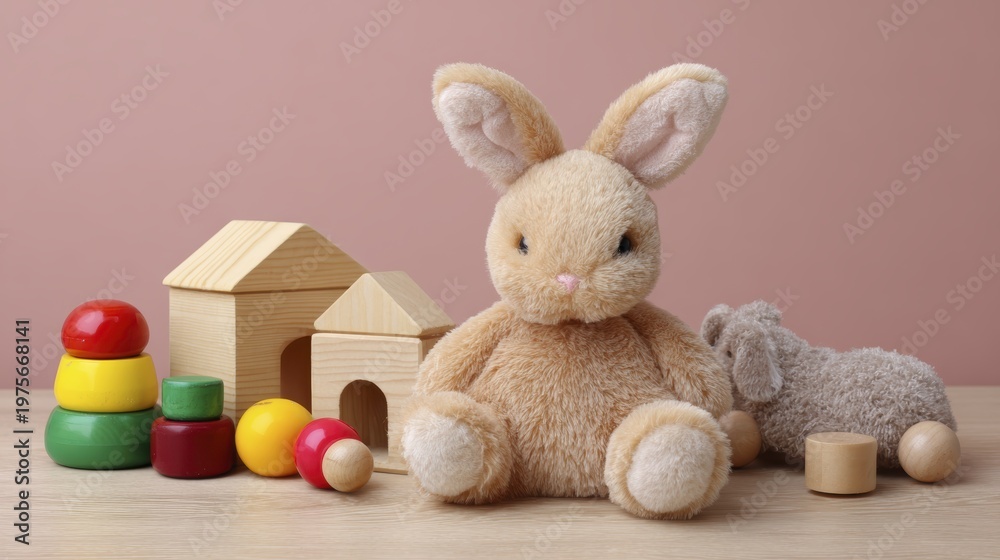 Fototapeta premium Cute plush bunny and wooden toys in playful nursery setup