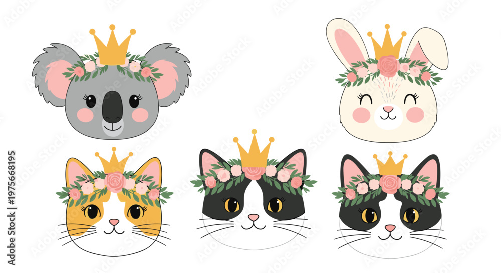 Obraz premium Five cute animal faces including a koala, bunny, and three cats wearing flower crowns and golden crowns on their heads.