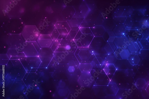 Abstract Digital Network Background With Glowing Purple and Blue Hexagons and Particles Creating a Futuristic Technology Concept