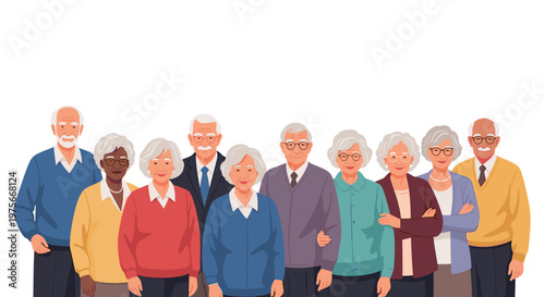 Diverse group of senior people from different ethnicities standing together and smiling in a flat vector character illustration.