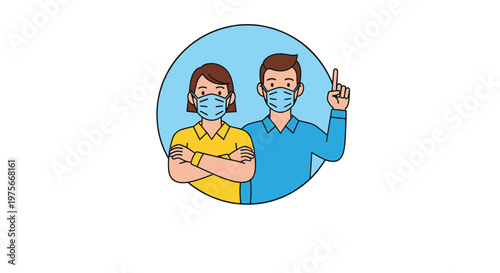 Man and woman wearing blue protective face masks standing inside a circular frame with the man pointing his finger up.