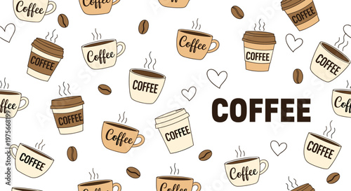 Seamless pattern with various types of coffee cups, to go containers, coffee beans, and hearts on a white background.