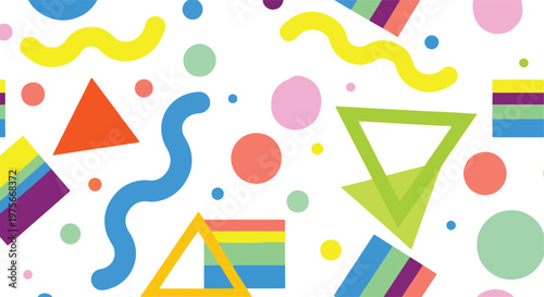 A vibrant and playful abstract background with colorful geometric shapes and patterns on a white canvas