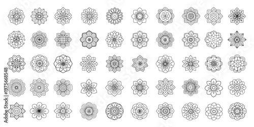 Intricate floral mandala patterns for decorative and artistic applications, featuring symmetrical designs and detailed line art, perfect for crafting and cultural expression