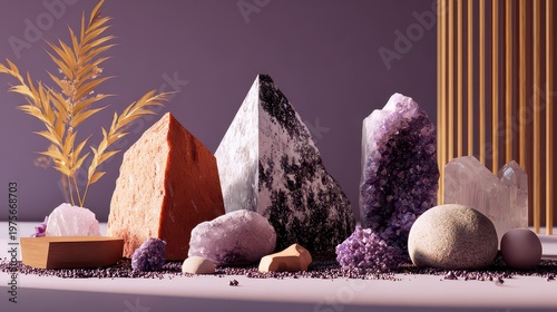 Assortment of Raw Natural Geodes and Crystals in Various Colors and Textures Including Amethyst and Quartz on a Light Gray Surface with Golden Decorative Plant and Vertical Wooden Elements Backdrop