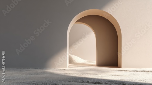 Minimalist Architectural Archway Bathed in Warm Sunlight Revealing a Textured Pebble Interior Creating a Serene and Modern Atmosphere