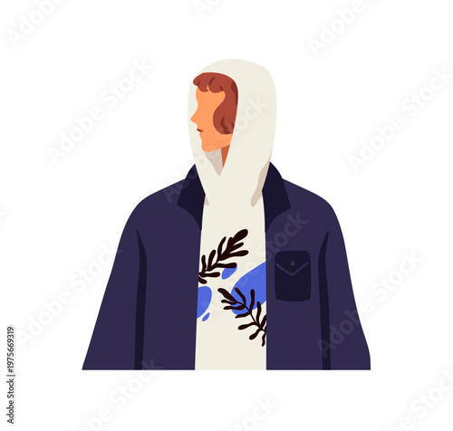 Young faceless person in profile, wearing casual clothing, hoodie, hood and jacket. Female, girl looking aside with head turned, side view. Flat vector illustration isolated on white background
