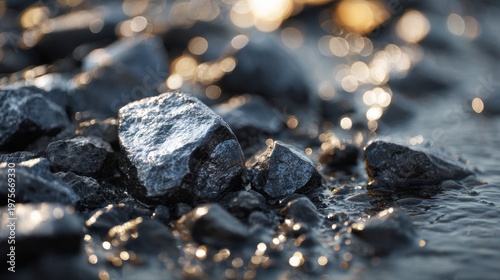 Close up of wet dark gray rocks with sparkling sunlight reflections on a watery surface in the soft morning golden hour light macro photography
