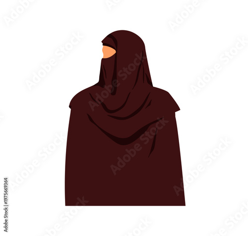 Muslim woman wearing hijab, arab headscarf. Islam religious female in niqab veil, looking aside, in traditional moslem clothing, head covering. Flat vector illustration isolated on white background