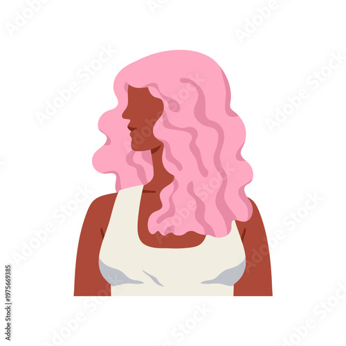Young black woman profile. Female character looking to side, head turned. Modern style girl with curly wavy hairstyle, pink dyed colored hair. Flat vector illustration isolated on white background