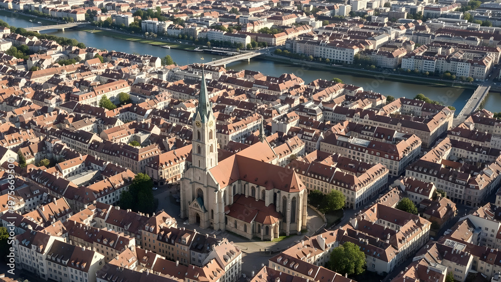 Obraz premium Aerial view of a historic town with a church and river flowing through residential buildings