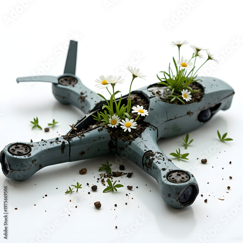 Broken military drone with flowers growing through wreckage isolated on white.