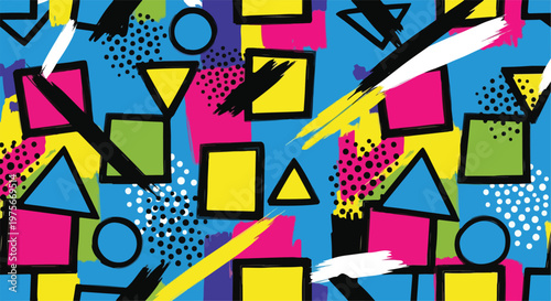 Retro 80s Style Geometric Pattern with Vibrant Colors and Abstract Shapes