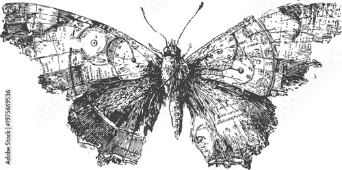 Detailed vintage butterfly illustration with aged texture and intricate wing patterns
