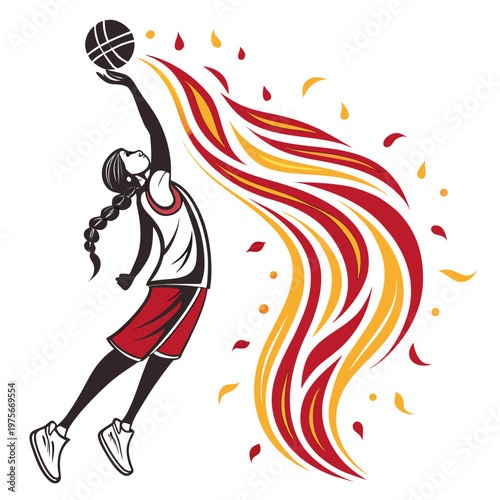 Youth basketball girl shooting with fire trail.
