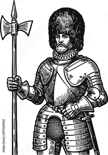 Medieval armored knight in full plate armor holding halberd and wearing fur helmet illustration