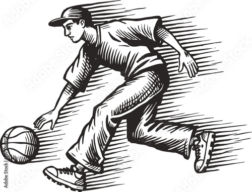 Young man dribbling basketball fast in motion sketch, casual street urban sports activity