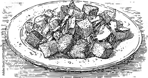 traditional caesar salad with croutons and lettuce on a round plate, vintage engraved illustration