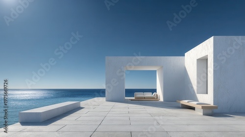 Modern Architectural Residence Overlooking a Tranquil Ocean Under a Clear Blue Sky Ideal for Luxury Vacation Getaways and Serene Coastal Living