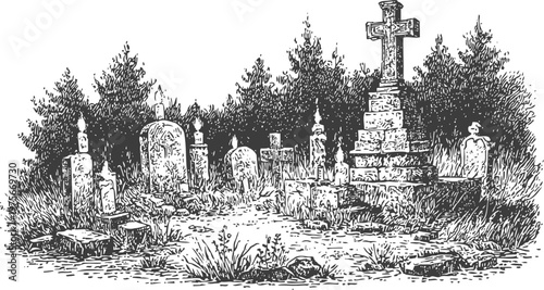 Old graveyard with stone tombstones and crosses surrounded by trees and overgrown grass