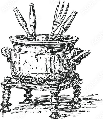 Vintage cast iron cooking pot with utensils on wooden stand, rustic kitchenware illustration