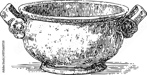 Vintage ornate metal bowl with decorative handles, detailed hand drawn engraving illustration