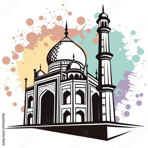 Famous taj mahal outline with pastel paint splatters.