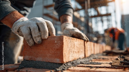 Construction worker wearing gloves meticulously places a red brick onto wet cement on a sunny day at a building site with blurred workers in the background creating a sense of industry and progress