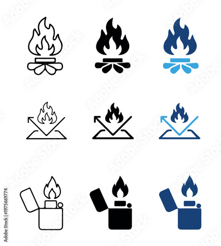 Fire and Ignition Icon Collection - Campfire, Fireproof Surface Protection, and Gas Lighter Symbols for Outdoor Camping, Safety, and Flammable Concepts