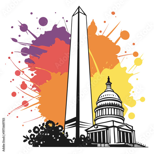 Washington dc monuments with vibrant paint splatters.