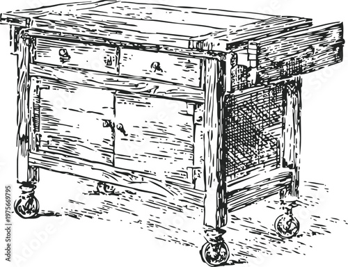 Vintage wooden workbench with drawers and casters, rustic carpenter tool table illustration