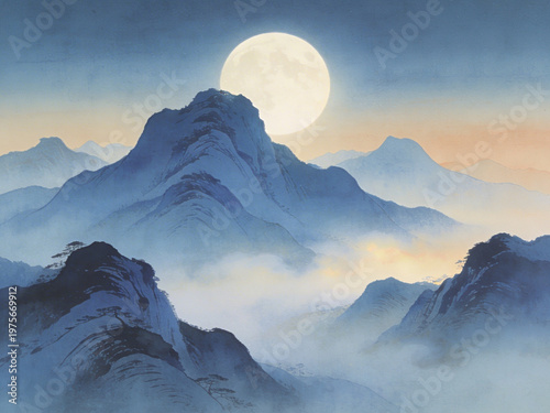 A tranquil full moon illuminates a mystical mountain range shrouded in soft mist, creating a serene and captivating evening landscape artwork