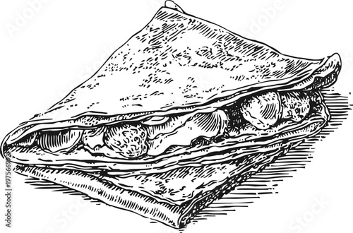 Drawn illustration of stuffed pita bread with meat and sauce, traditional middle eastern food snack