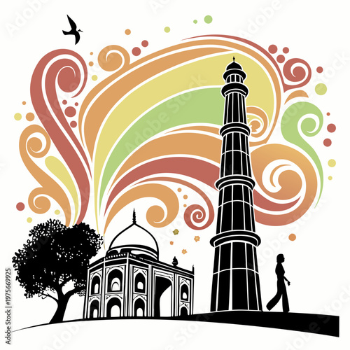Indian landmark silhouette with colorful design.