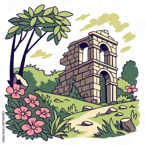 Ancient stone arch ruin in lush spring landscape.