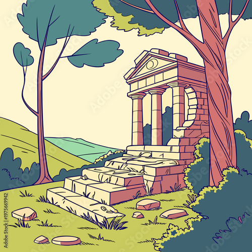 Ancient ruins of roman temple illustration vector.