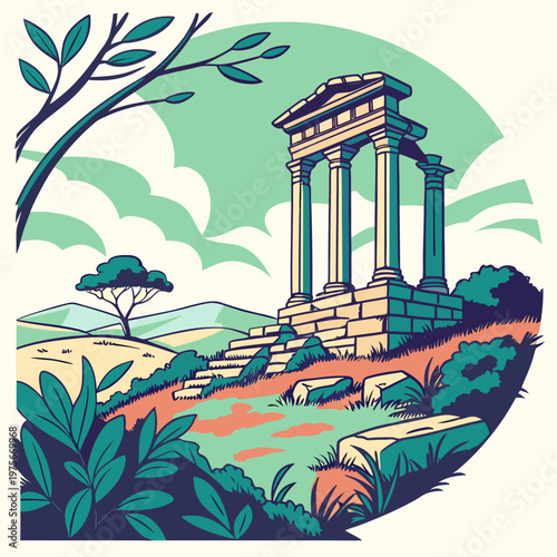 Ancient roman temple ruins landscape vector image.