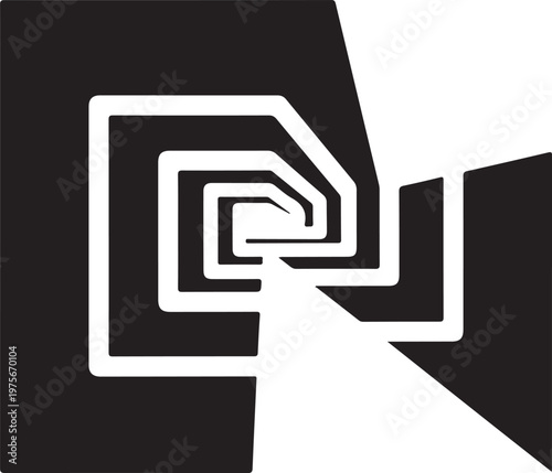 Black and white abstract geometric spiral with nested rectangular shapes and angular lines