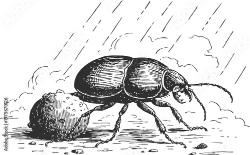 Dung beetle rolling ball through desert landscape with rain and clouds ink drawing