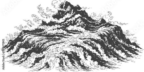 black and white mountain illustration with swirling clouds and smoky waves detailed nature landscape drawing