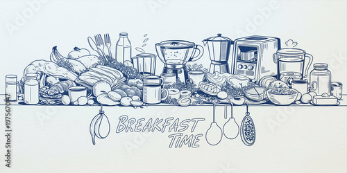 Hand drawn sketch of a breakfast table spread featuring croissants bread jams coffee and utensils in a playful minimalist style with a light beige background