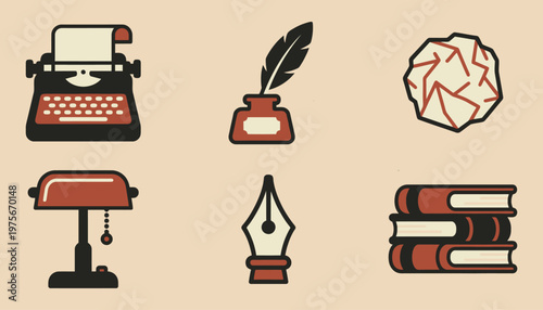 Vintage writing tools icon set in flat retro style