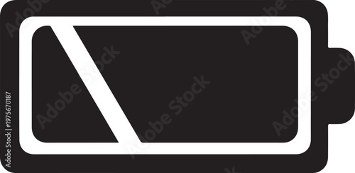 Black and white battery with a diagonal line indicating partial charge level, minimalist flat symbol