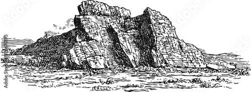 detailed black and white illustration of rugged rocky mountain cliffs with textured layers and landscape foreground